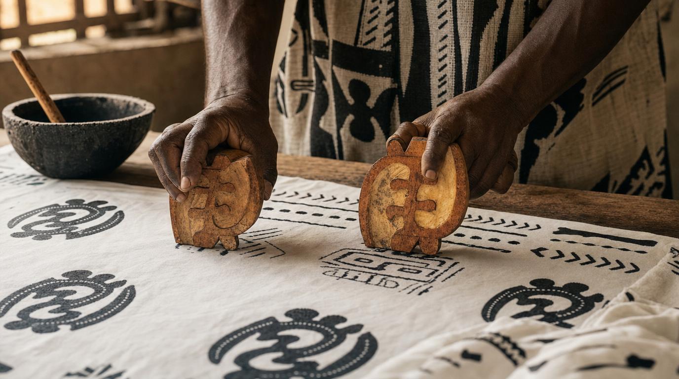 Artisan pressing adinkra stamp onto white fabric with black geometric symbol
