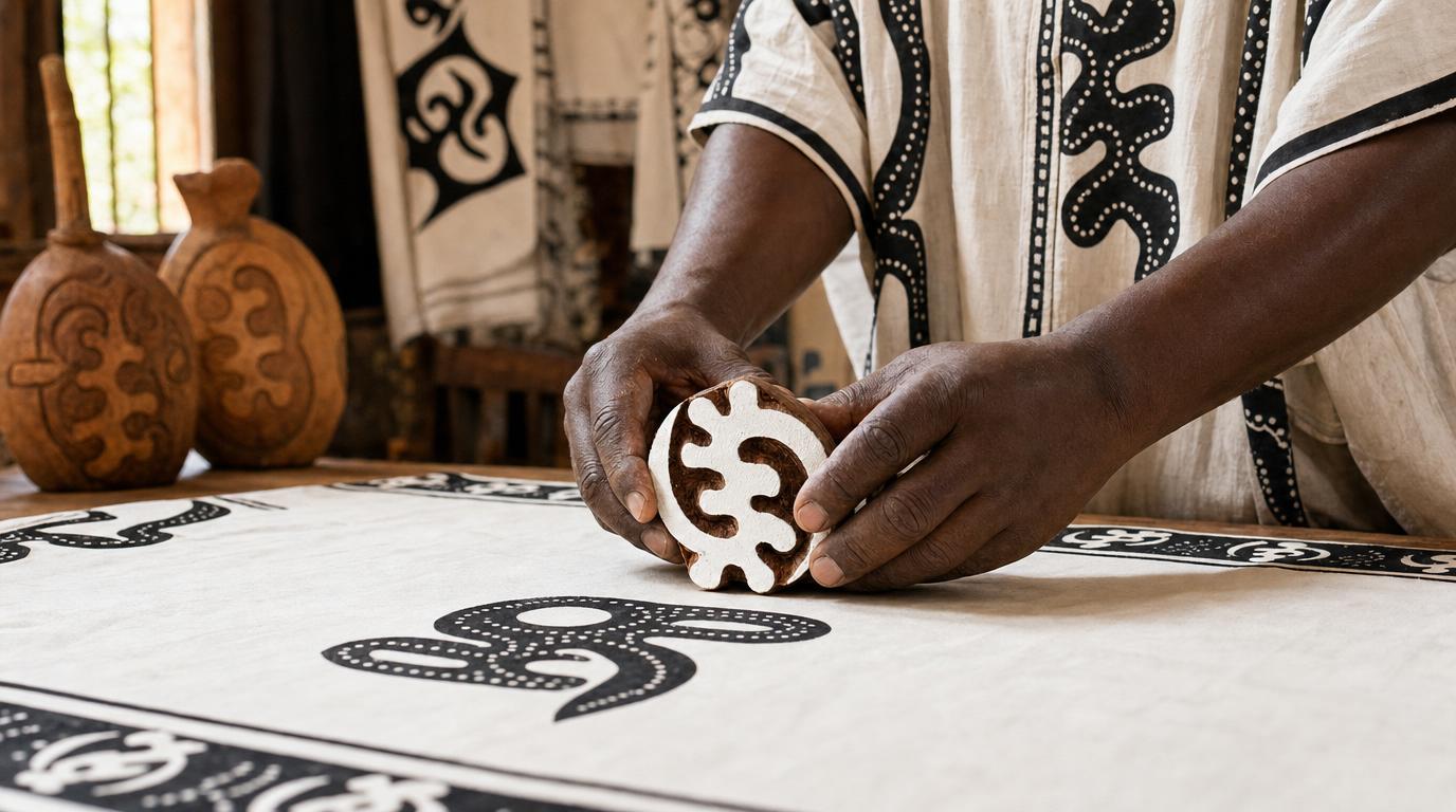Artisan stamping Gye Nyame Adinkra symbol on white cloth with traditional calabash tool