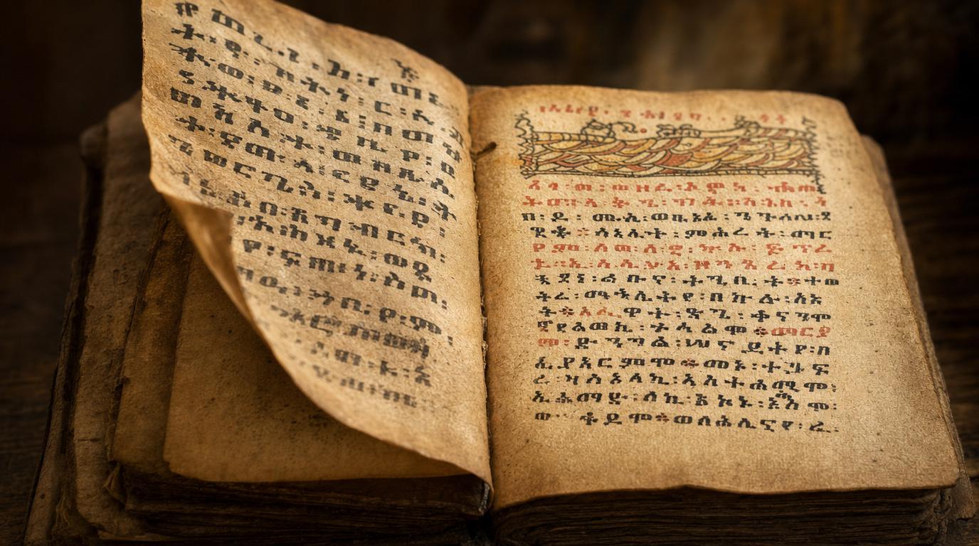 Ancien manuscrit éthiopien avec écriture Ge'ez sur parchemin, encre noire et rouge