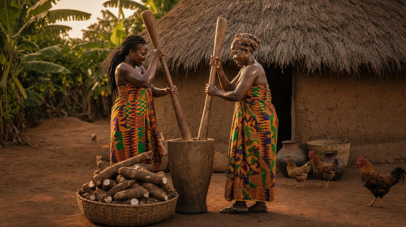 Women pounding fufu in wooden mortar in Ghana courtyard
