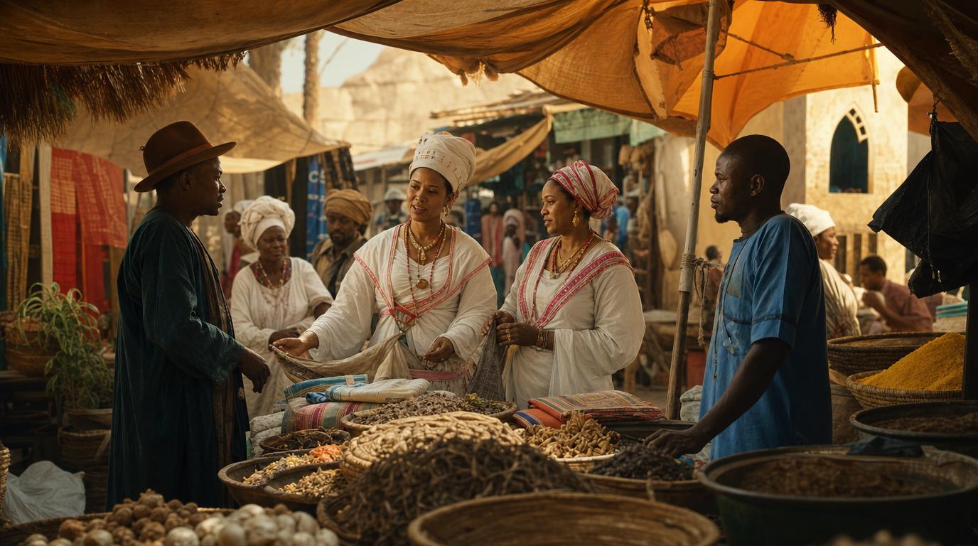 Hausa merchants negotiating at a traditional West African market