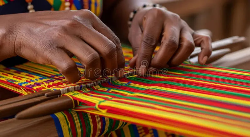 Weaver creating kente cloth on traditional loom in bright workshop