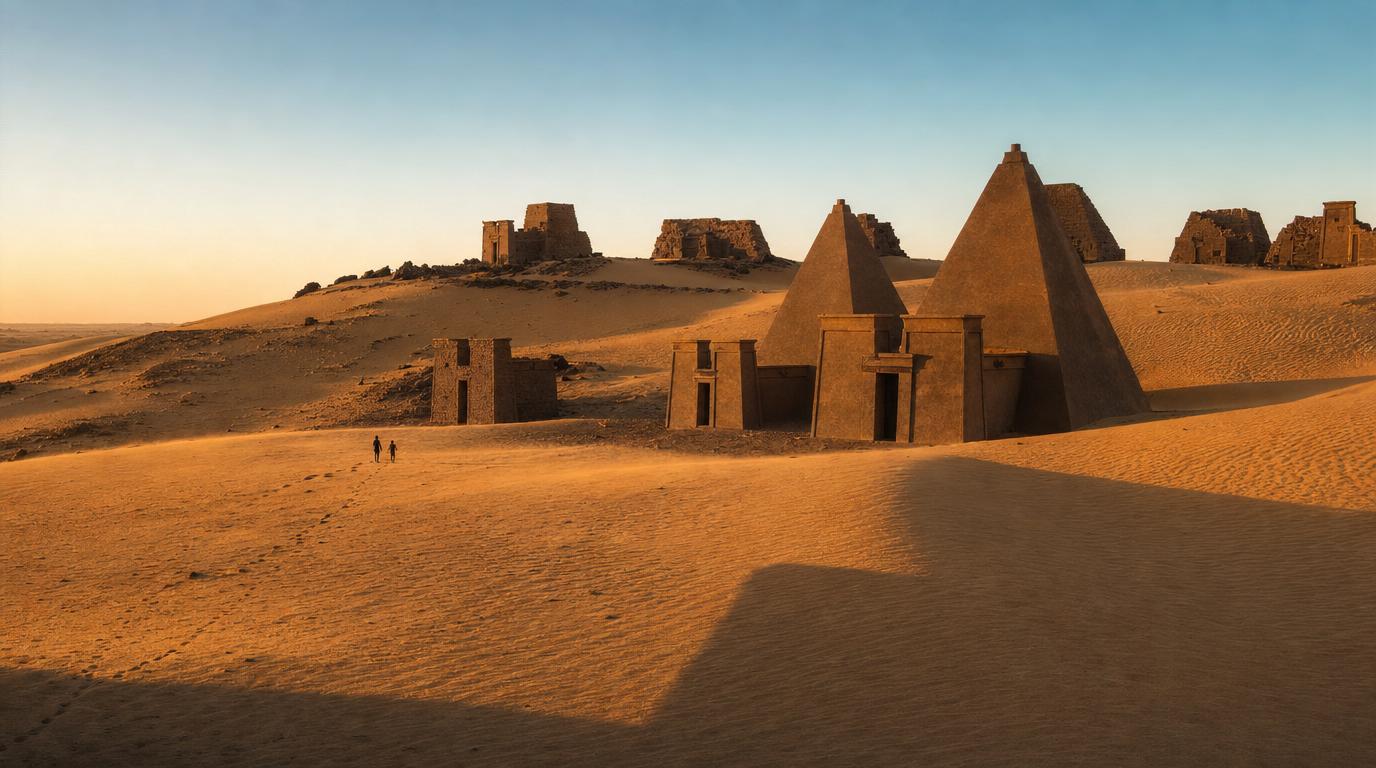 Pyramids of Meroë in Sudan's desert, geometric shadows on golden sand