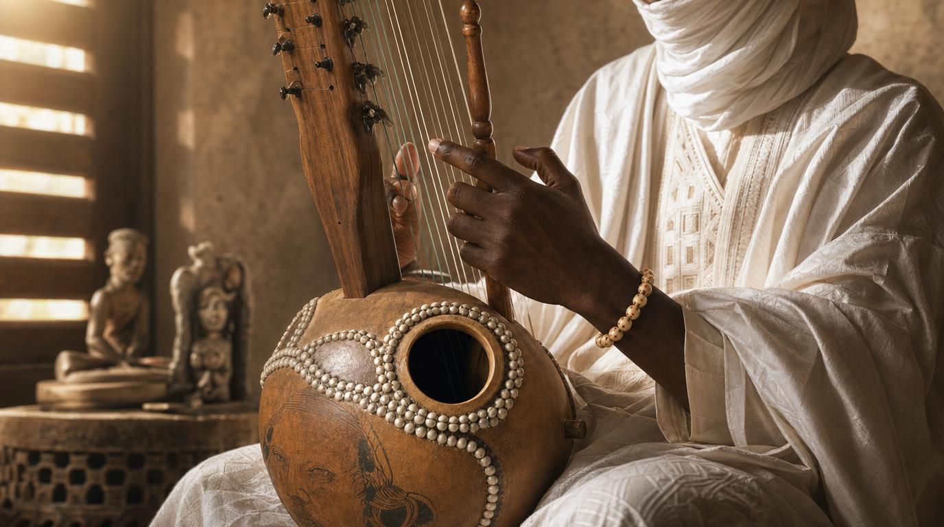 Griot's hands playing the 21 strings of a traditional West African kora