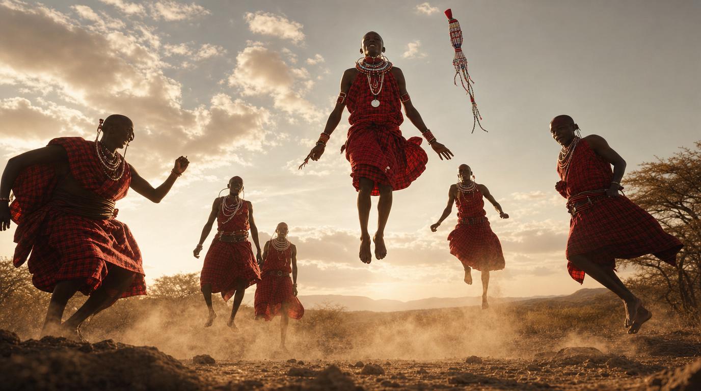 Maasai warriors performing traditional jumping dance in Kenya savanna
