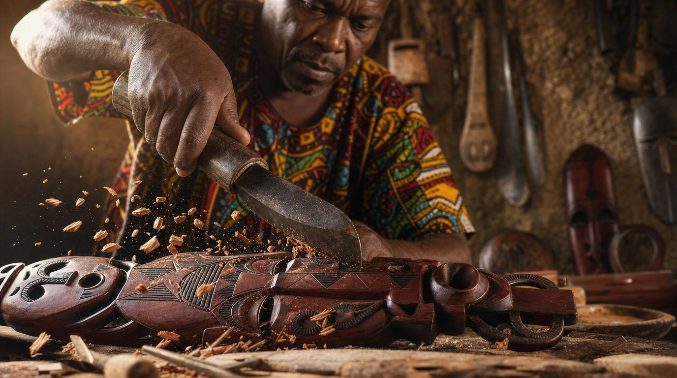 Makonde carver's hands shaping African blackwood with traditional adze tool