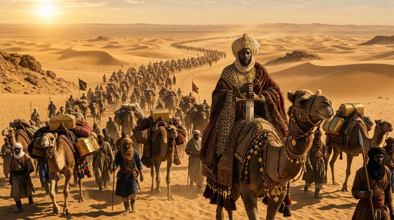Medieval caravan crossing Sahara desert with camels and travelers in golden light