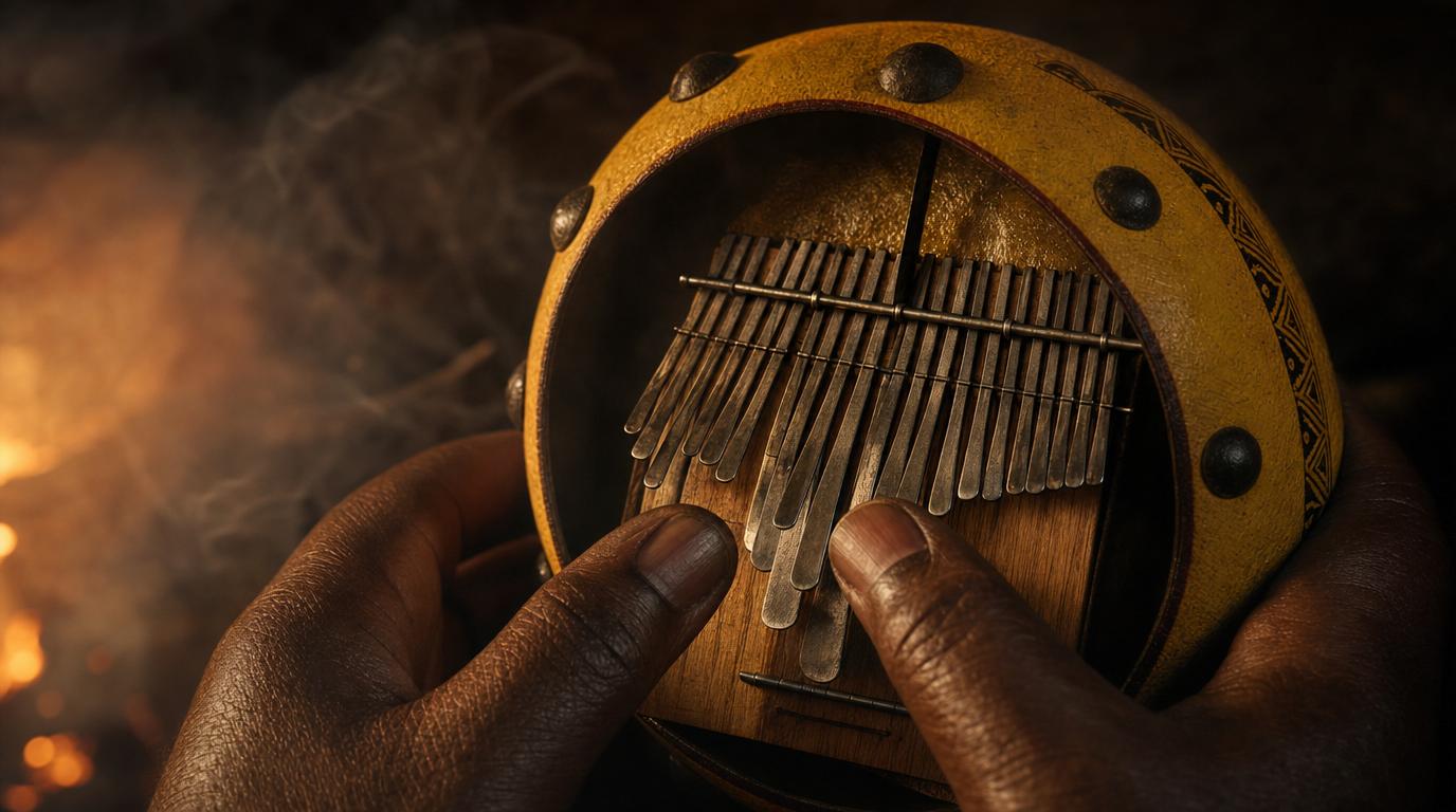 Hands playing a traditional Shona mbira with metal keys and calabash resonator