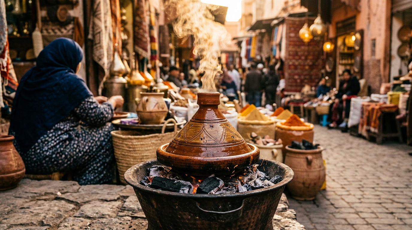 Moroccan clay tagine pot releasing steam over traditional charcoal brazier