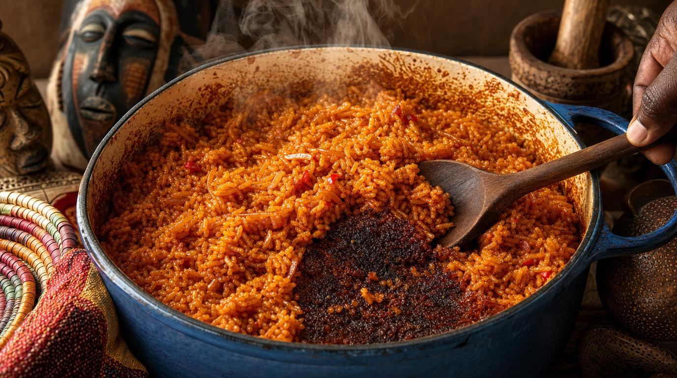 Nigerian jollof rice in pot showing caramelized bottom layer with wooden spoon