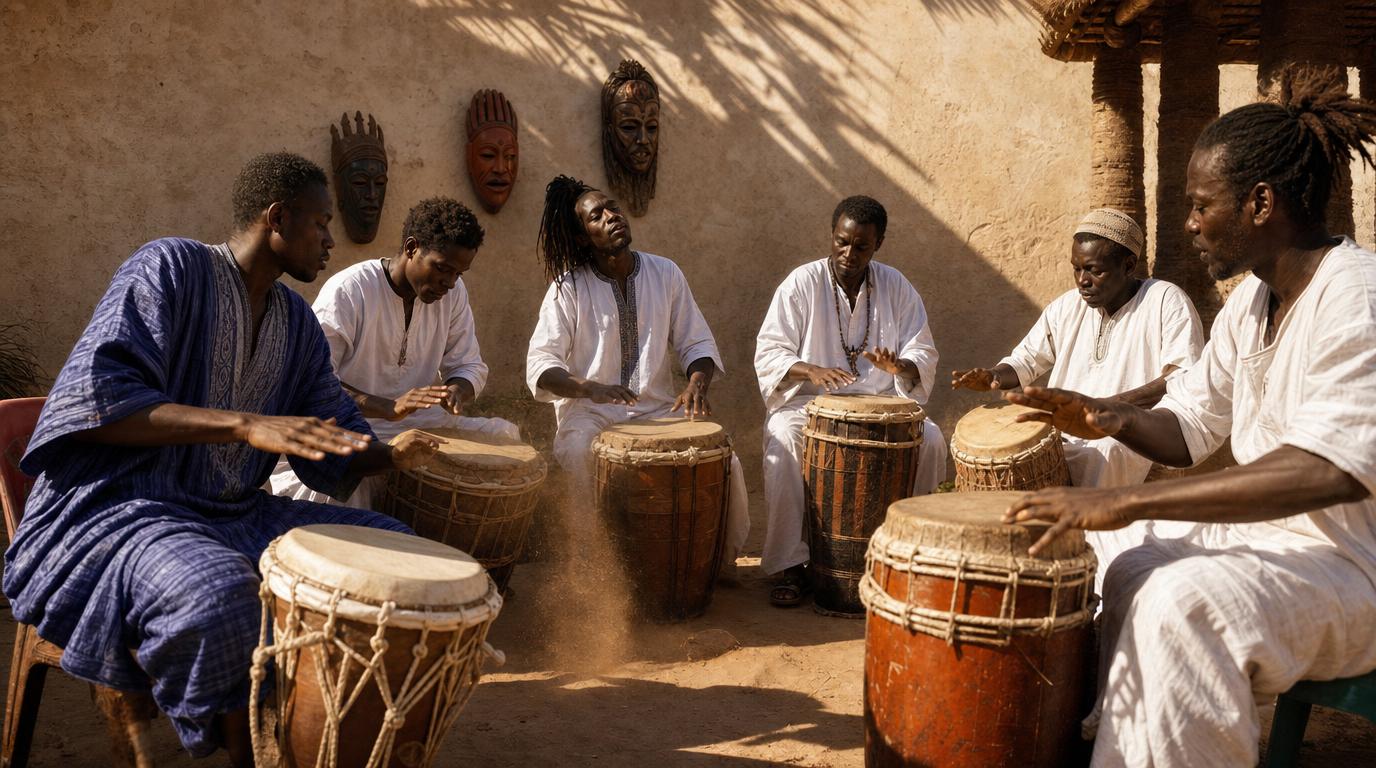 Wolof drummers in traditional dress playing sabar drums in sunlit courtyard