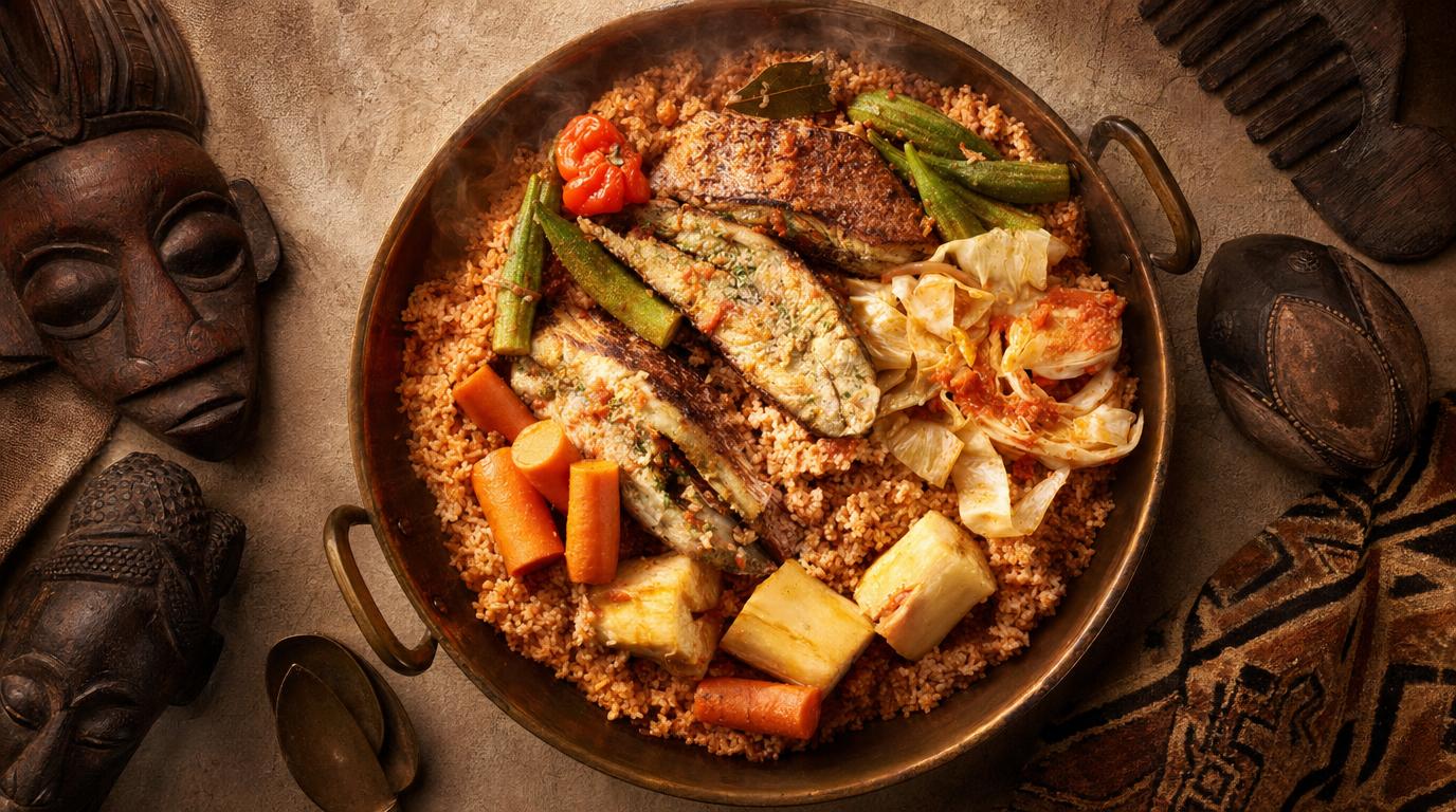 Traditional thieboudienne on communal platter with fish, vegetables, and red rice