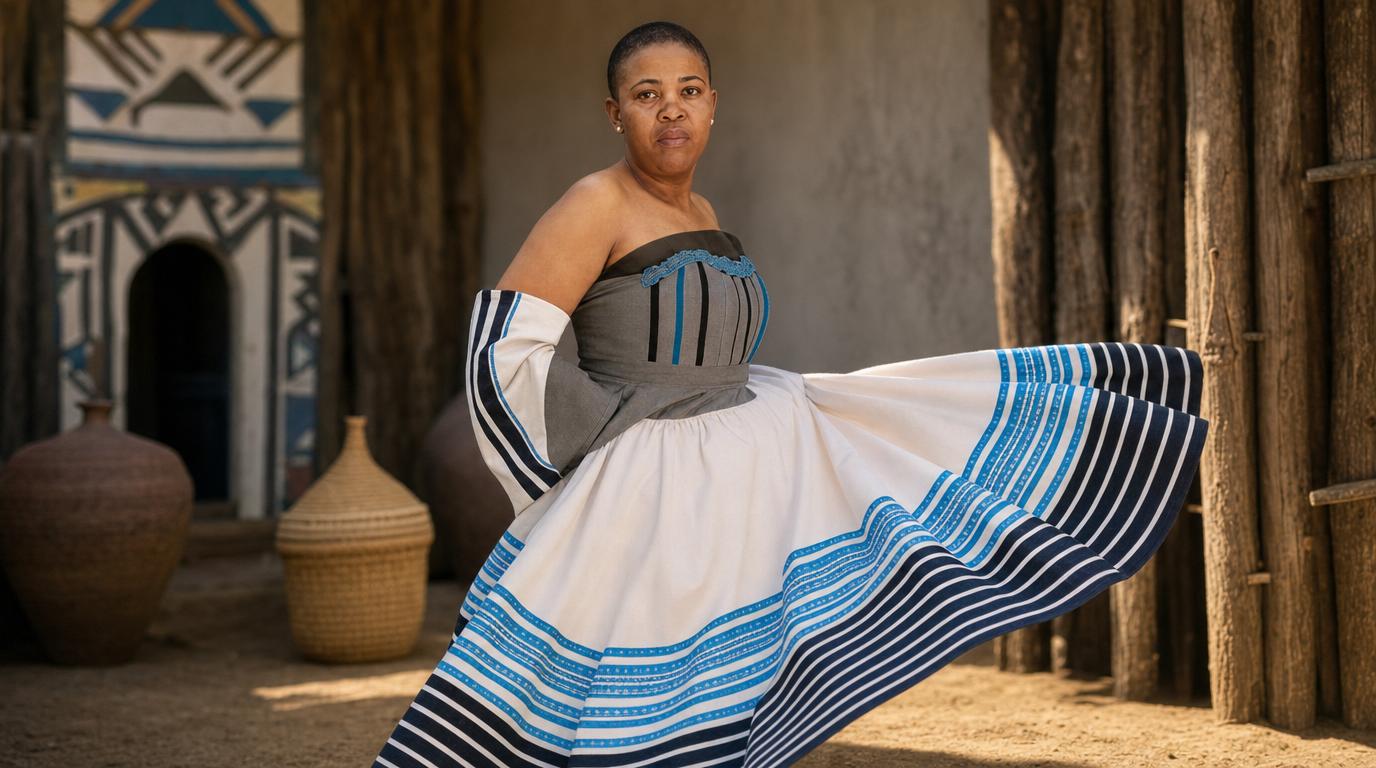 Woman wearing traditional blue and white geometric patterned shweshwe dress in South Africa