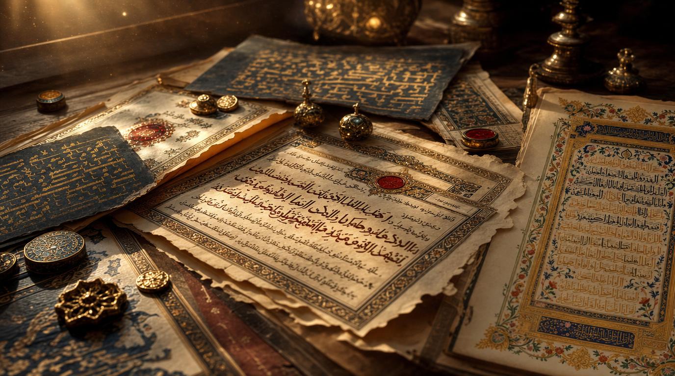 Historical Arabic manuscripts with gold illumination on weathered parchment