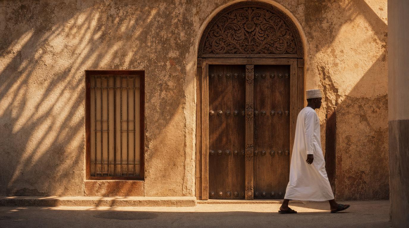 Ornate carved wooden door in Stone Town Zanzibar with traditional brass decorations