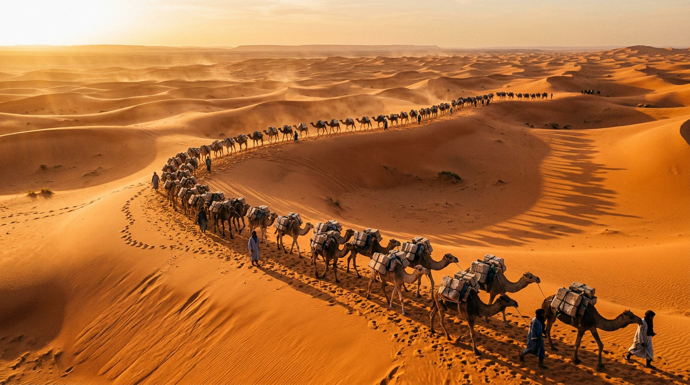 Camel caravan carrying salt blocks across Saharan sand dunes at sunset