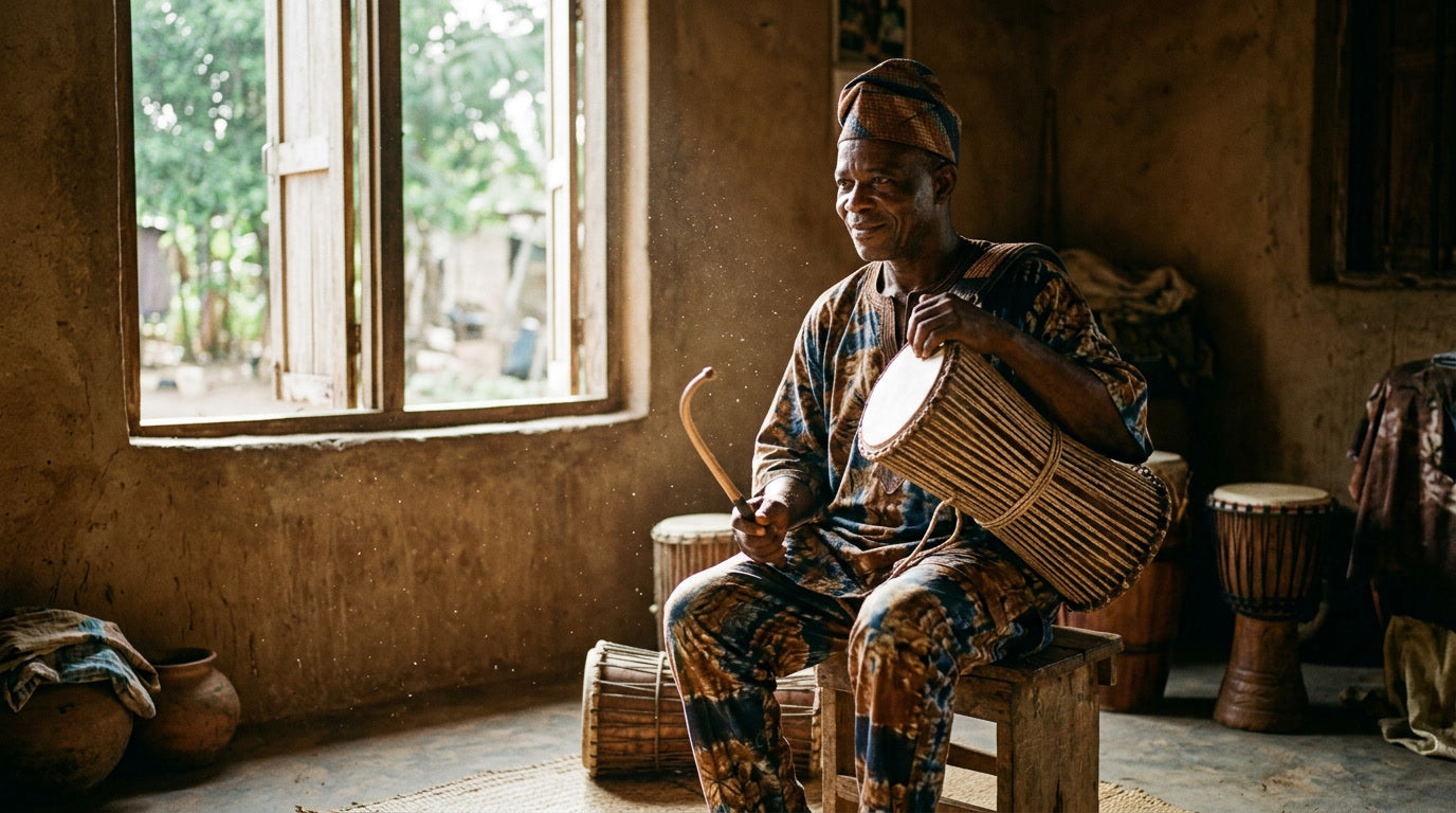 Yoruba drummer demonstrating dùndún talking drum technique in natural light