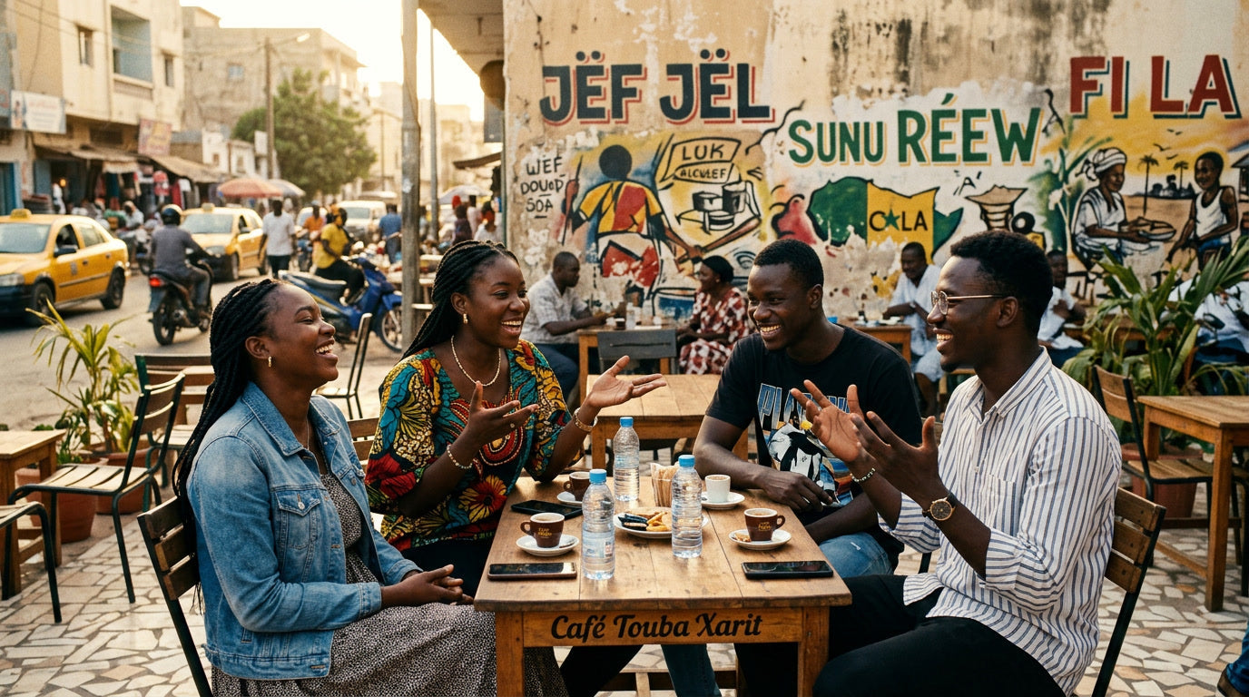 Young Senegalese people conversing at a café with Wolof text visible on wall art