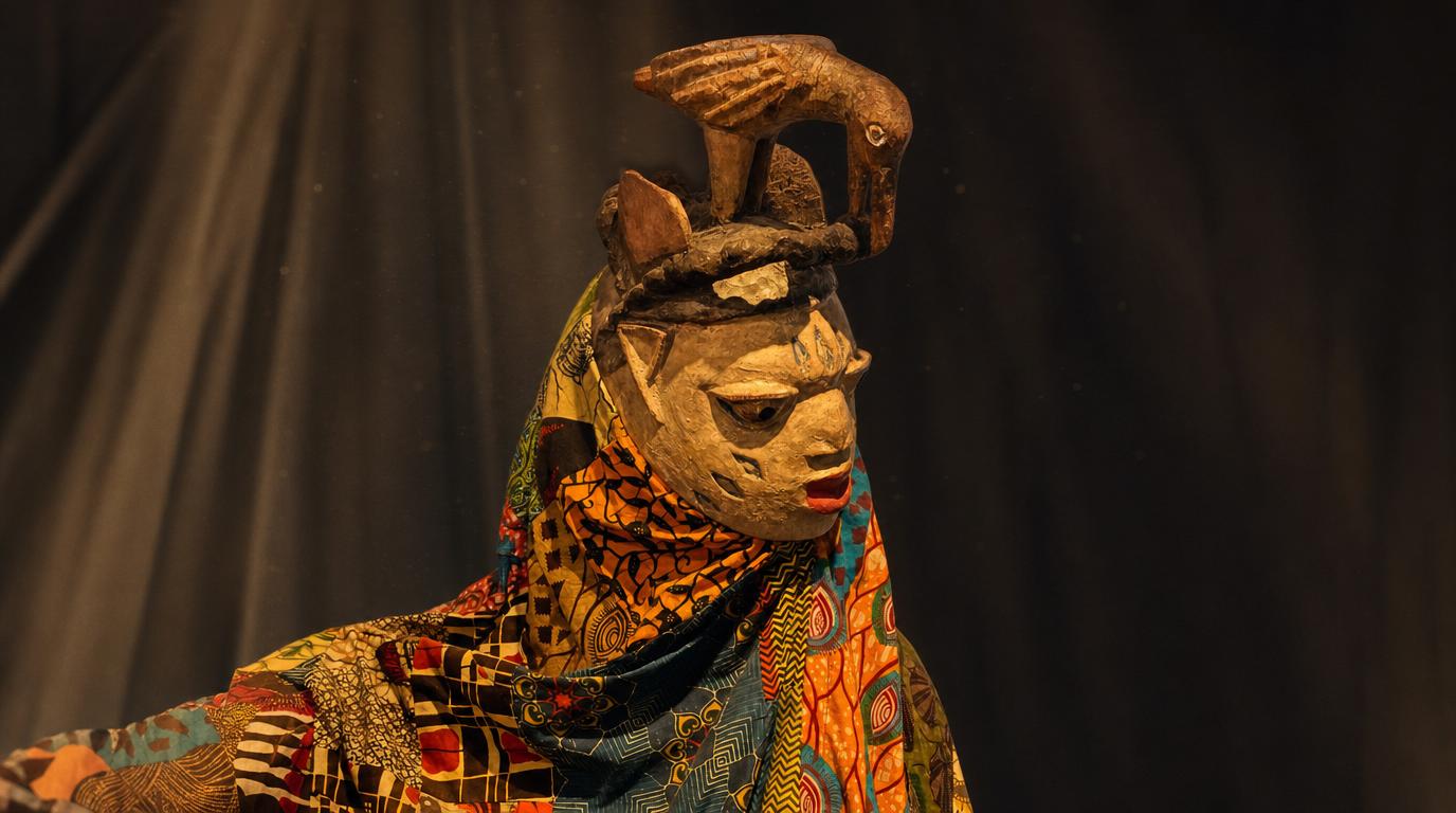 Yoruba Gelede mask with carved female face and decorative bird sculpture on top