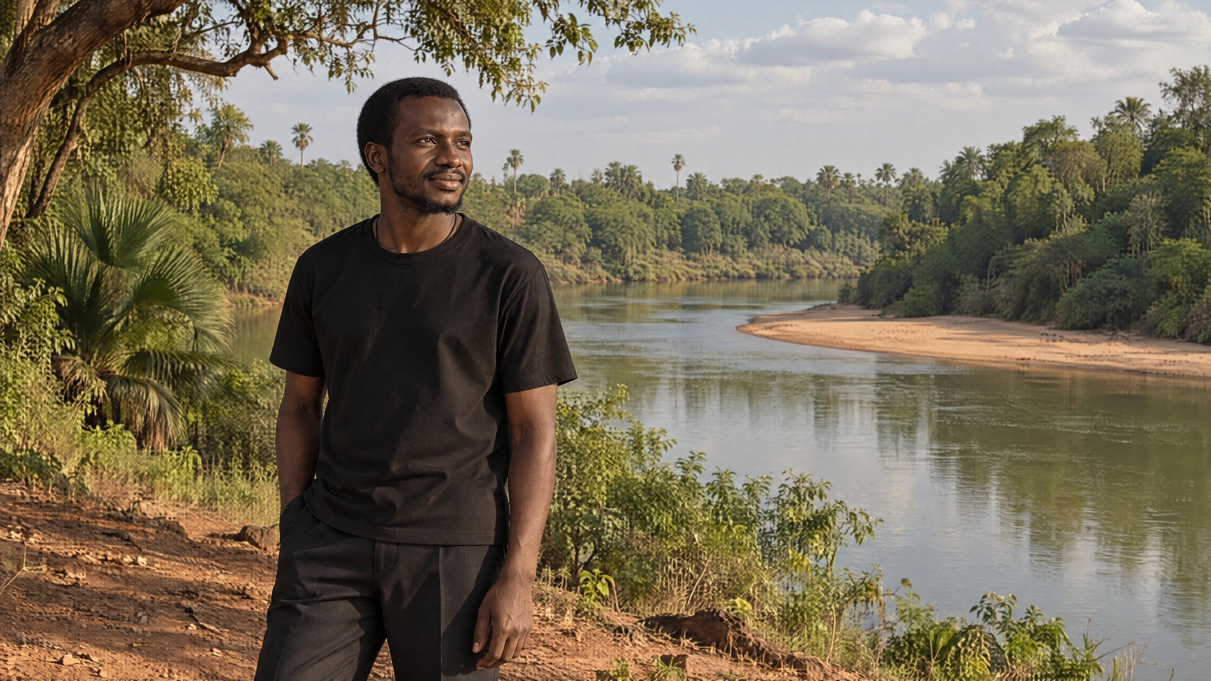 AI-generated image: a man in a black tee on a bank of the Gambia River, in Niokolo-Koba National Park