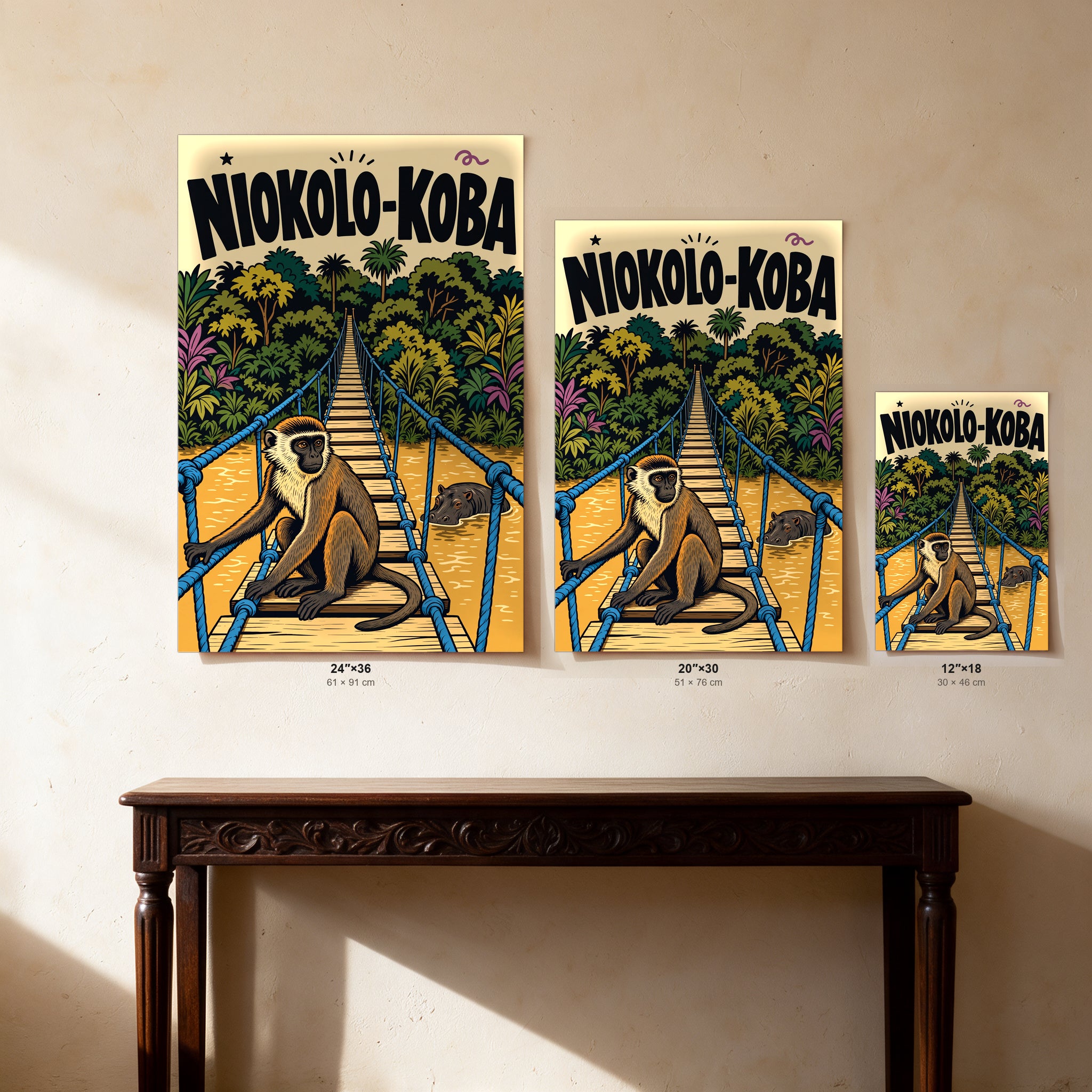 Niokolo-Koba — guide des tailles : 12″×18″, 20″×30″ et 24″×36″ côte à côte, à l'échelle