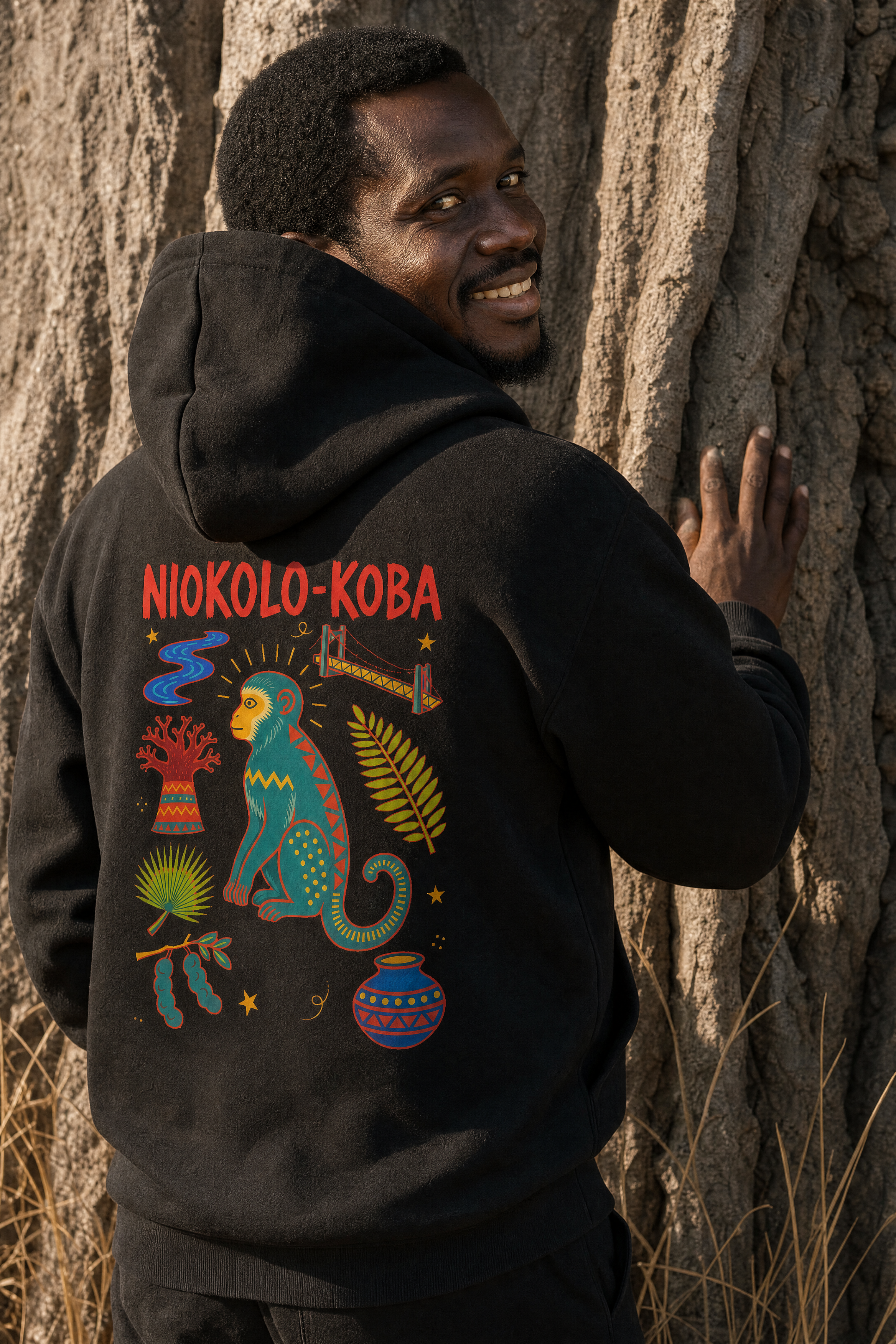 Niokolo-Koba Back Print Zip Hoodie — portée de dos, photoshoot, sur place