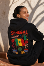 Senegal Back Print Hoodie — portée de dos, photoshoot, sur place
