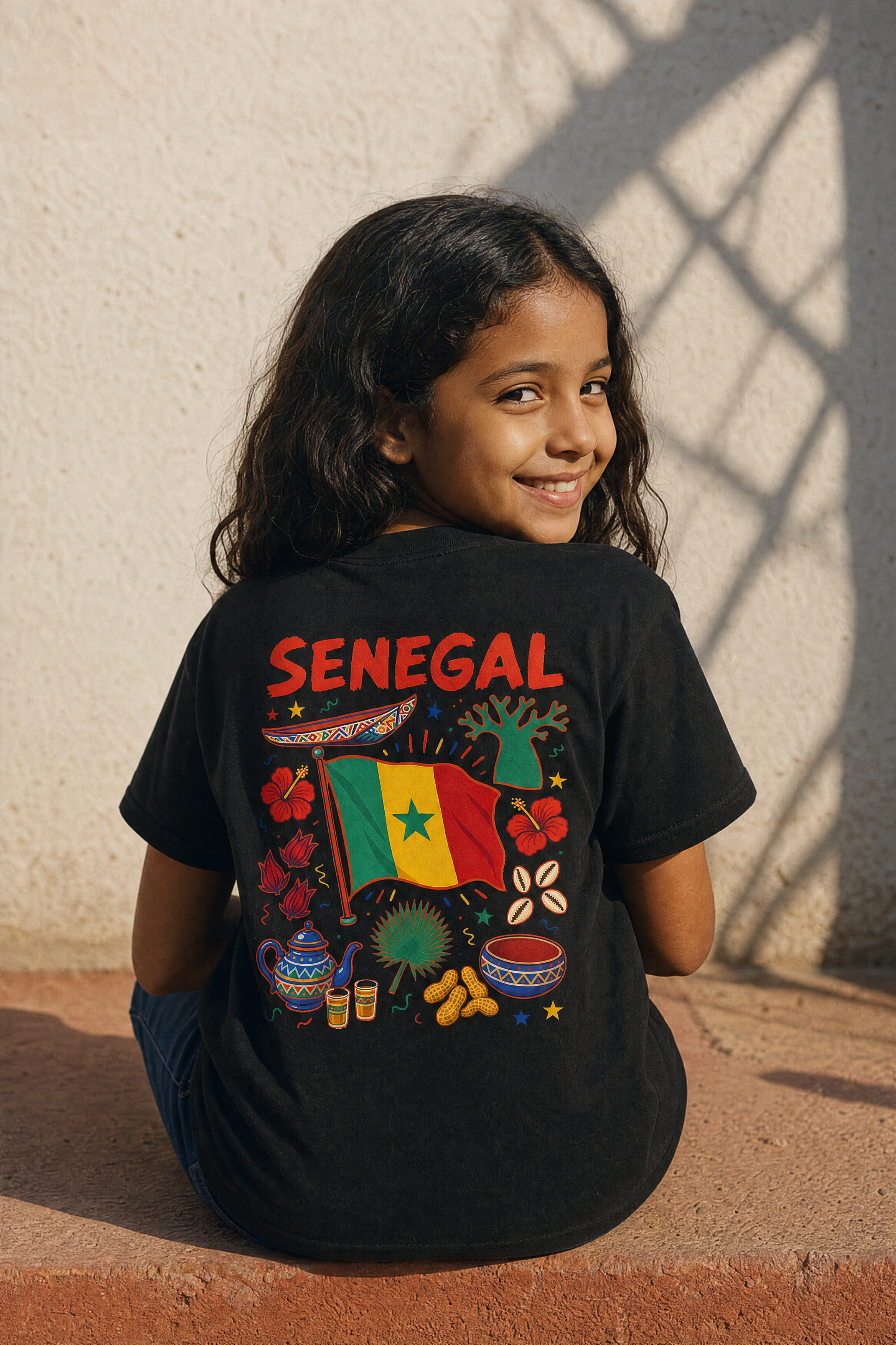 Senegal Back Print Kids Tee — portée de dos, photoshoot, sur place