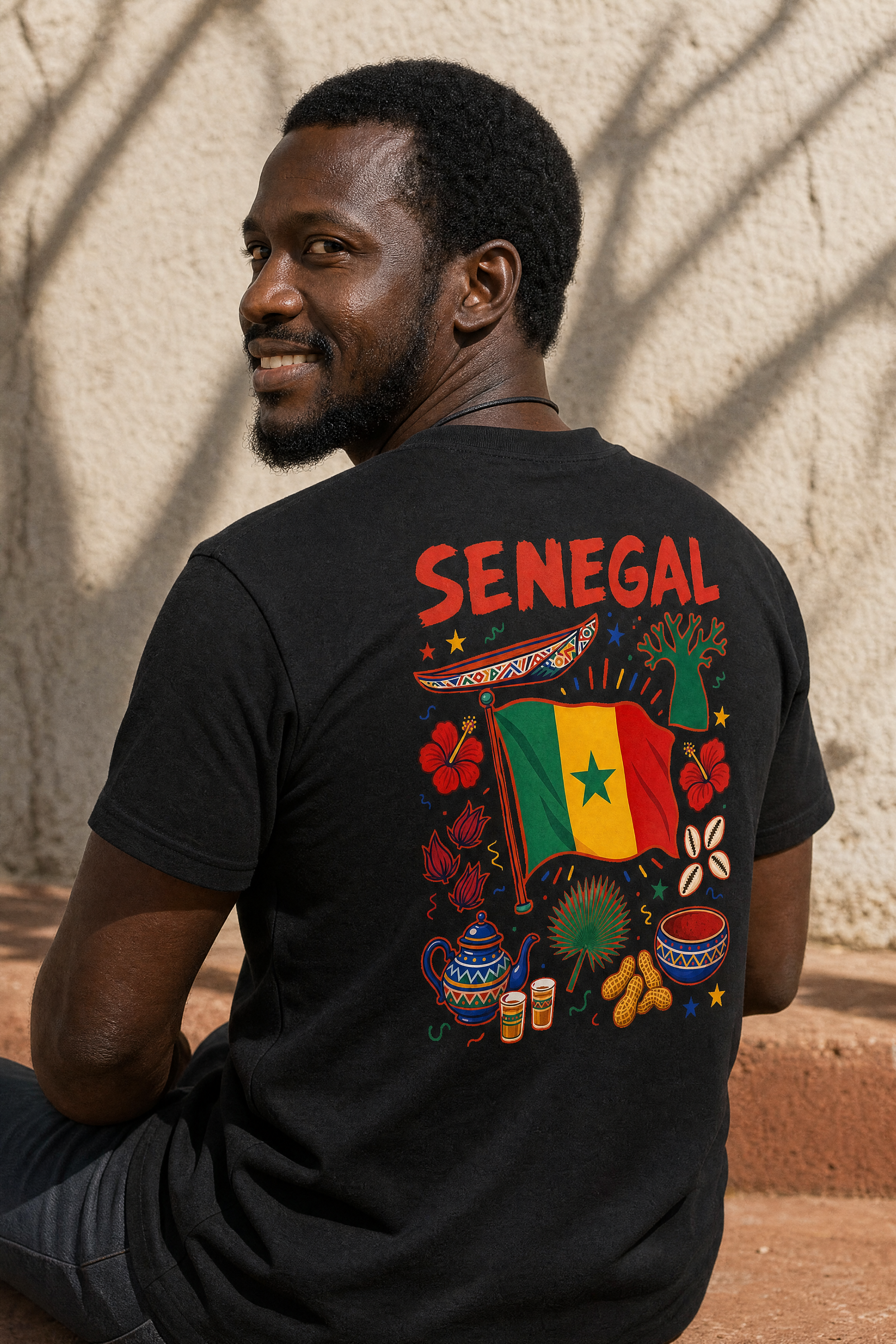 Senegal Back Print Tee — portée de dos, photoshoot, sur place