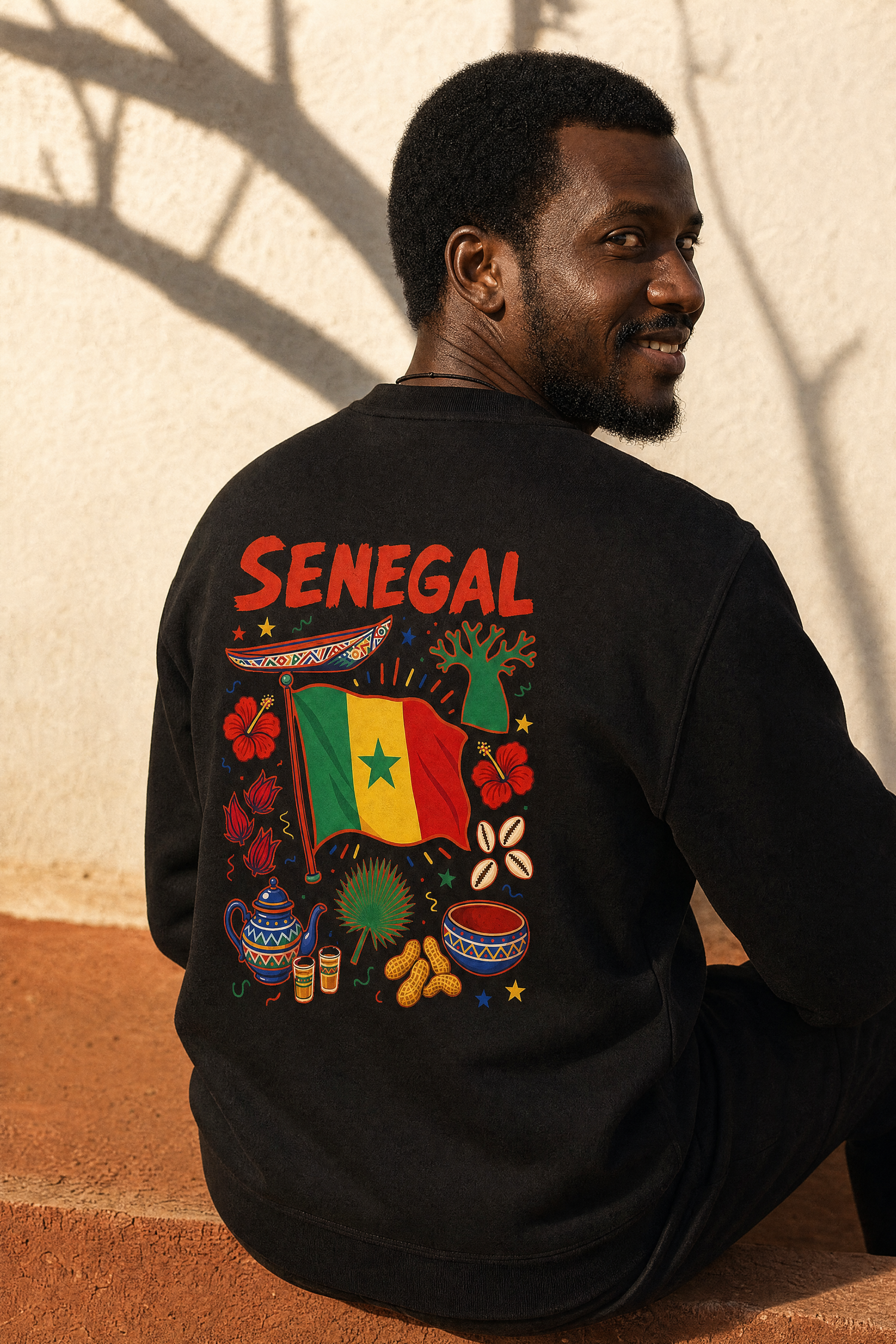 Senegal Back Print Sweatshirt — portée de dos, photoshoot, sur place