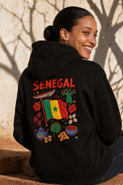 Senegal Back Print Zip Hoodie — portée de dos, photoshoot, sur place