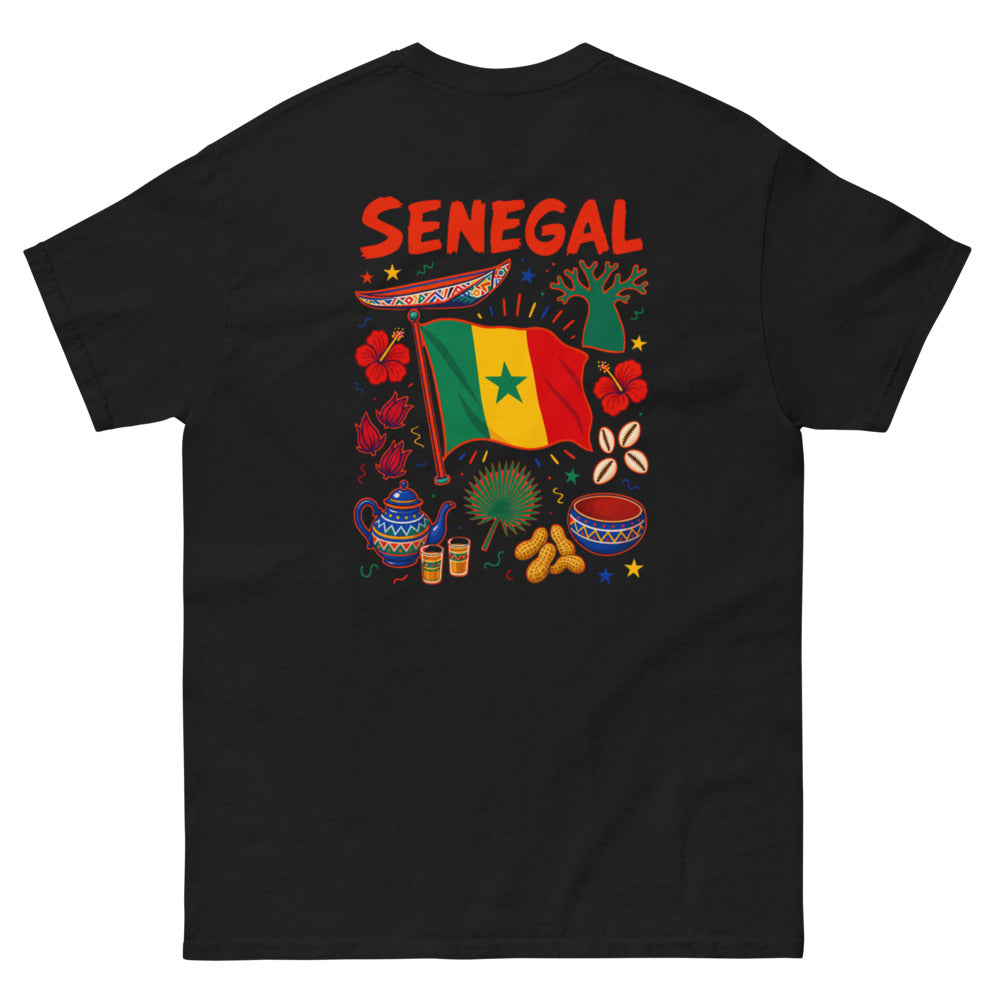 Tee Niokolo, éparpillé Sénégal imprimé dans le dos, coloris Noir, vu de dos