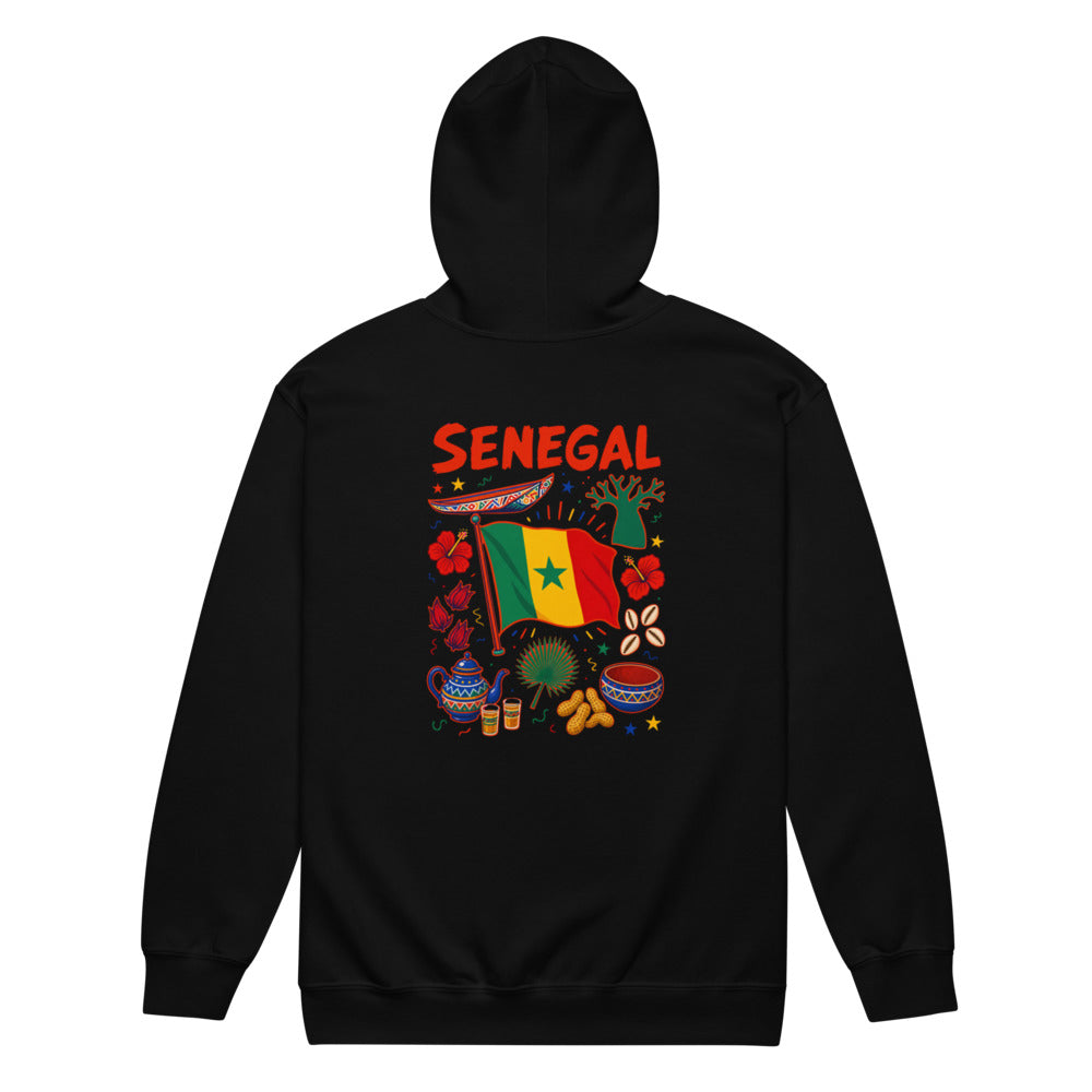 Senegal Back Print Zip Hoodie in Black, front view