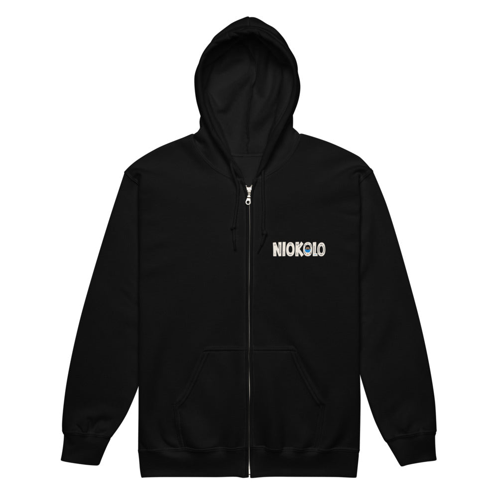 Sweat zippé Niokolo, logo Niokolo imprimé au cœur, coloris Noir, vu de face