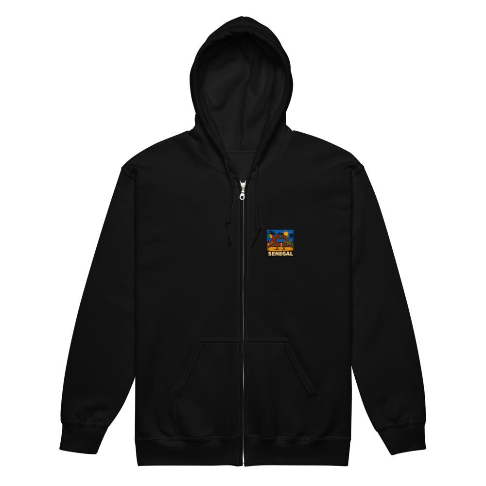 Sweat zippé Niokolo, patch Sénégal imprimé au cœur, coloris Noir, vu de face