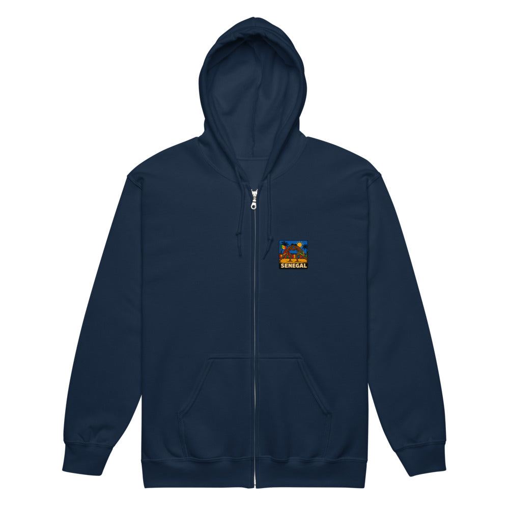 Sweat zippé Niokolo, patch Sénégal imprimé au cœur, coloris Marine, vu de face