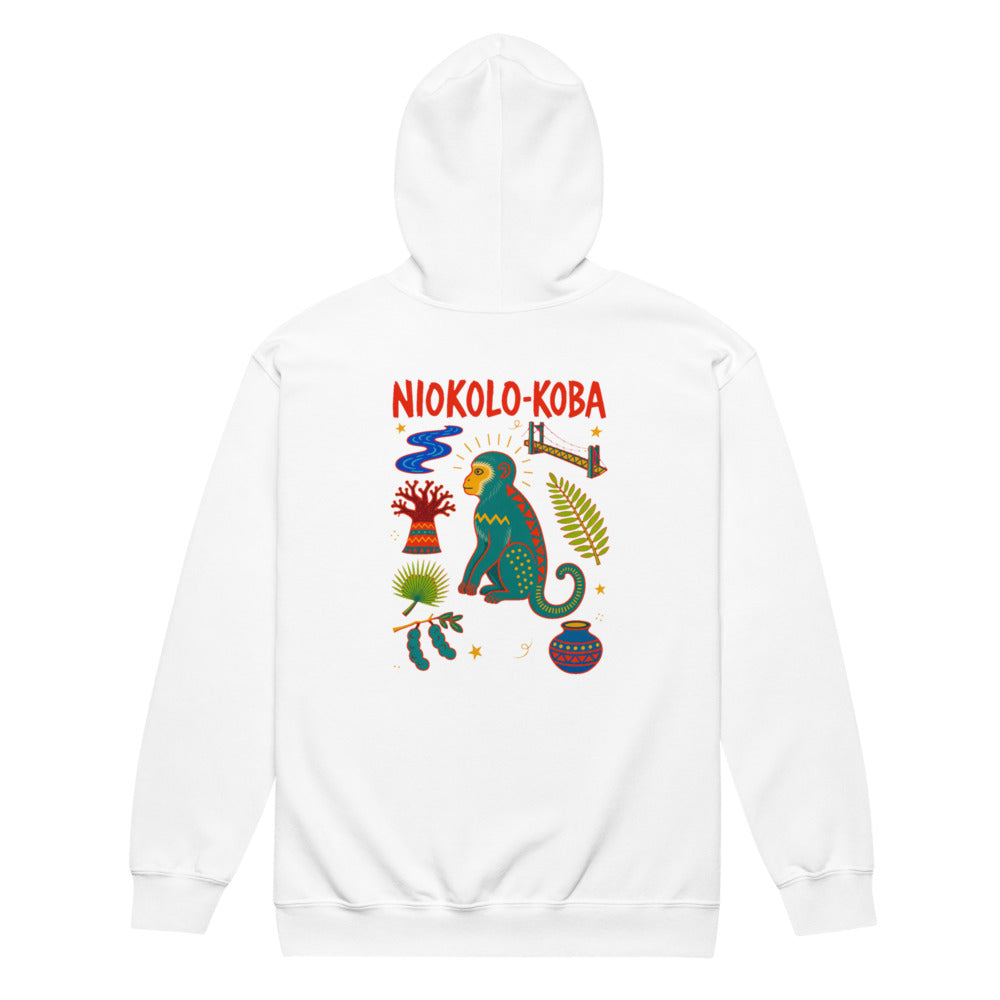 Niokolo-Koba Back Print Zip Hoodie in White, back view