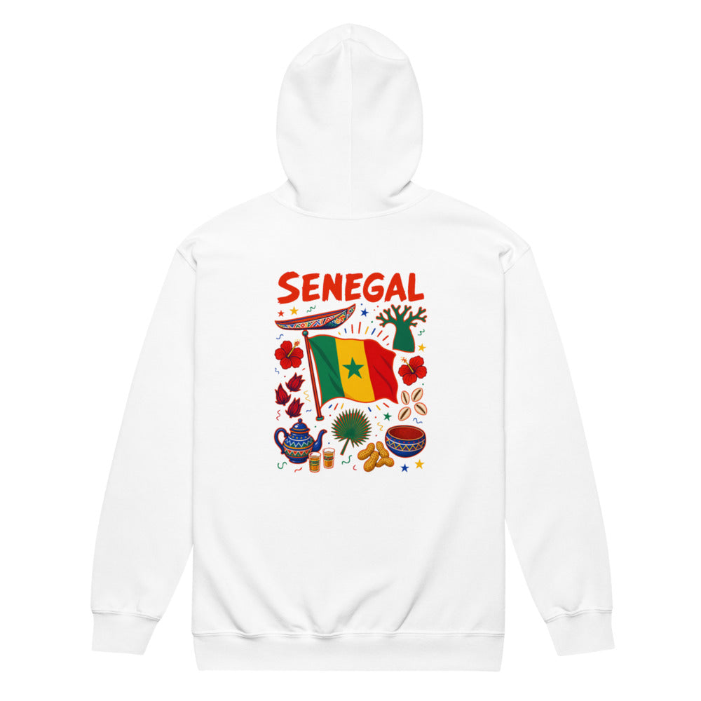 Senegal Back Print Zip Hoodie in White, front view