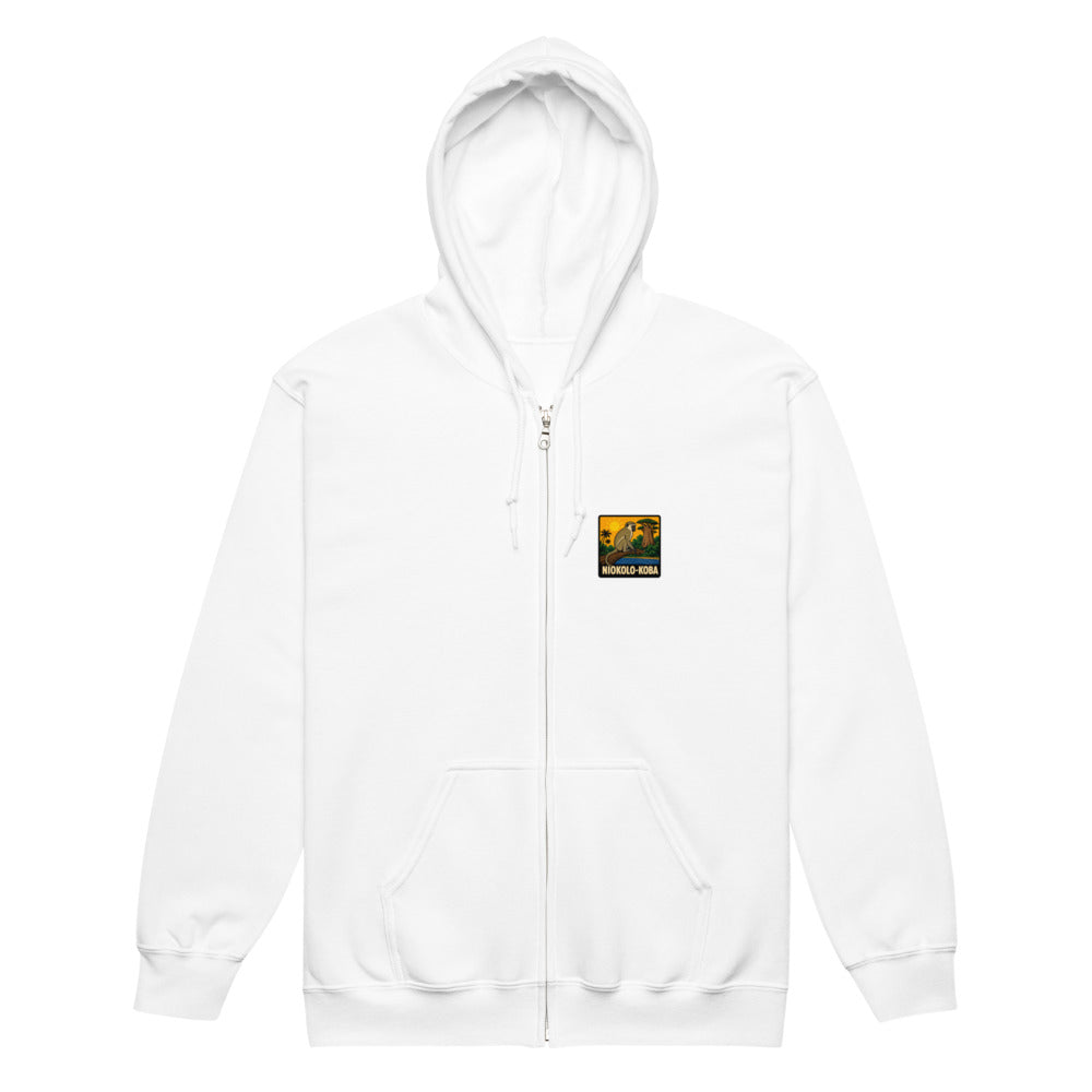 Sweat zippé Niokolo, patch Niokolo-Koba imprimé au cœur, coloris Blanc, vu de face