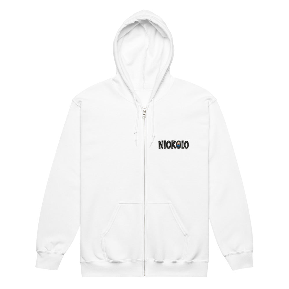 Sweat zippé Niokolo, logo Niokolo imprimé au cœur, coloris Blanc, vu de face