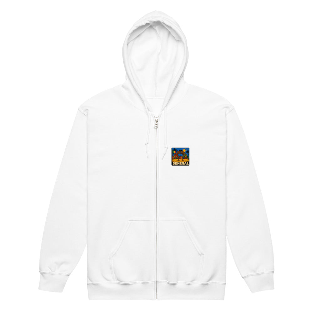 Sweat zippé Niokolo, patch Sénégal imprimé au cœur, coloris Blanc, vu de face