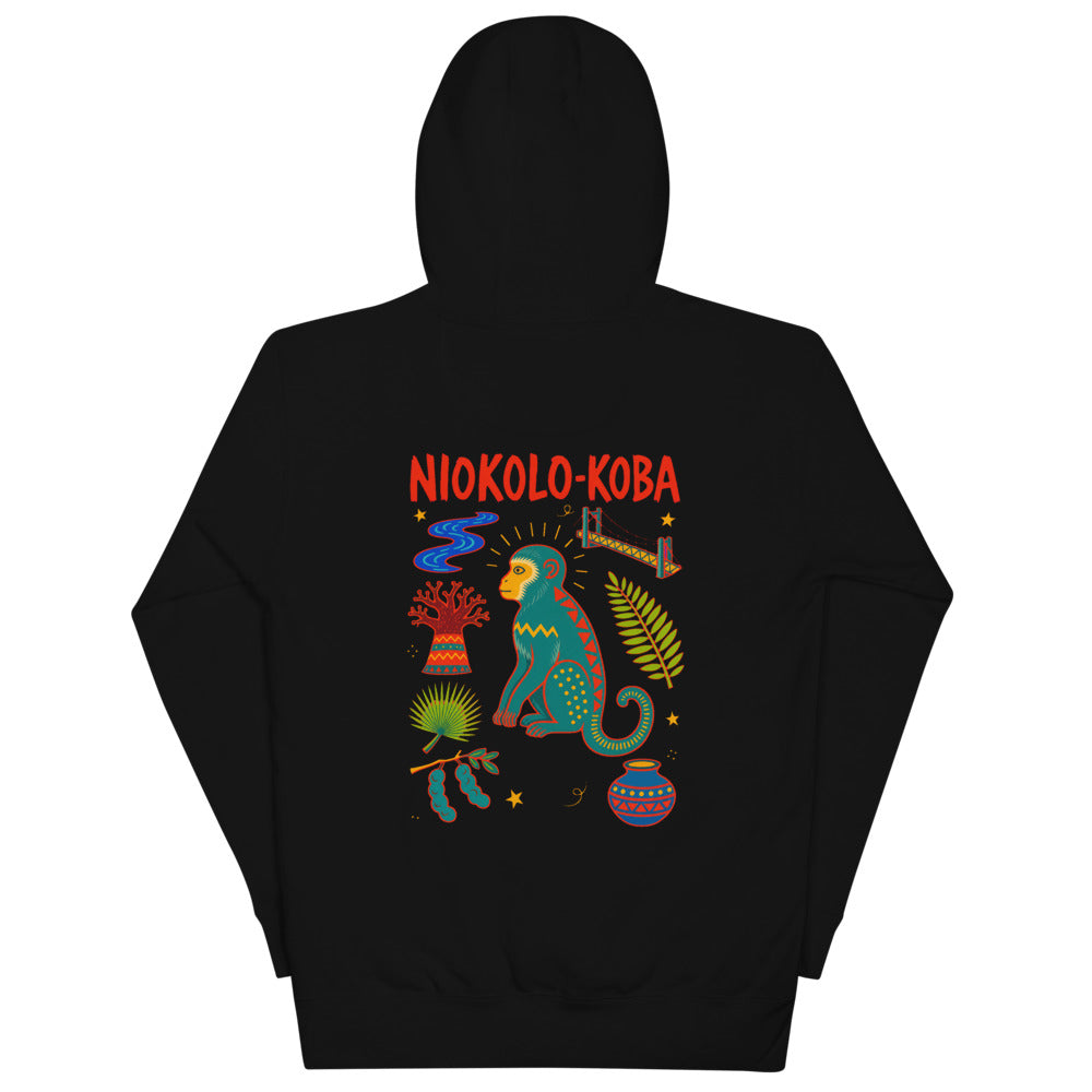 Hoodie Niokolo, éparpillé Niokolo-Koba imprimé dans le dos, coloris Noir, vu de dos