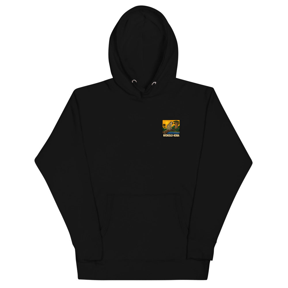 Hoodie Niokolo, patch Niokolo-Koba imprimé au cœur, coloris Noir, vu de face