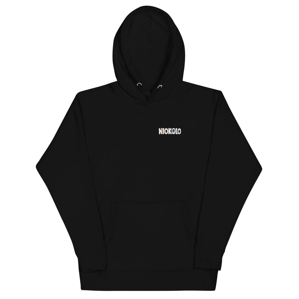 Hoodie Niokolo, logo Niokolo imprimé au cœur, coloris Noir, vu de face