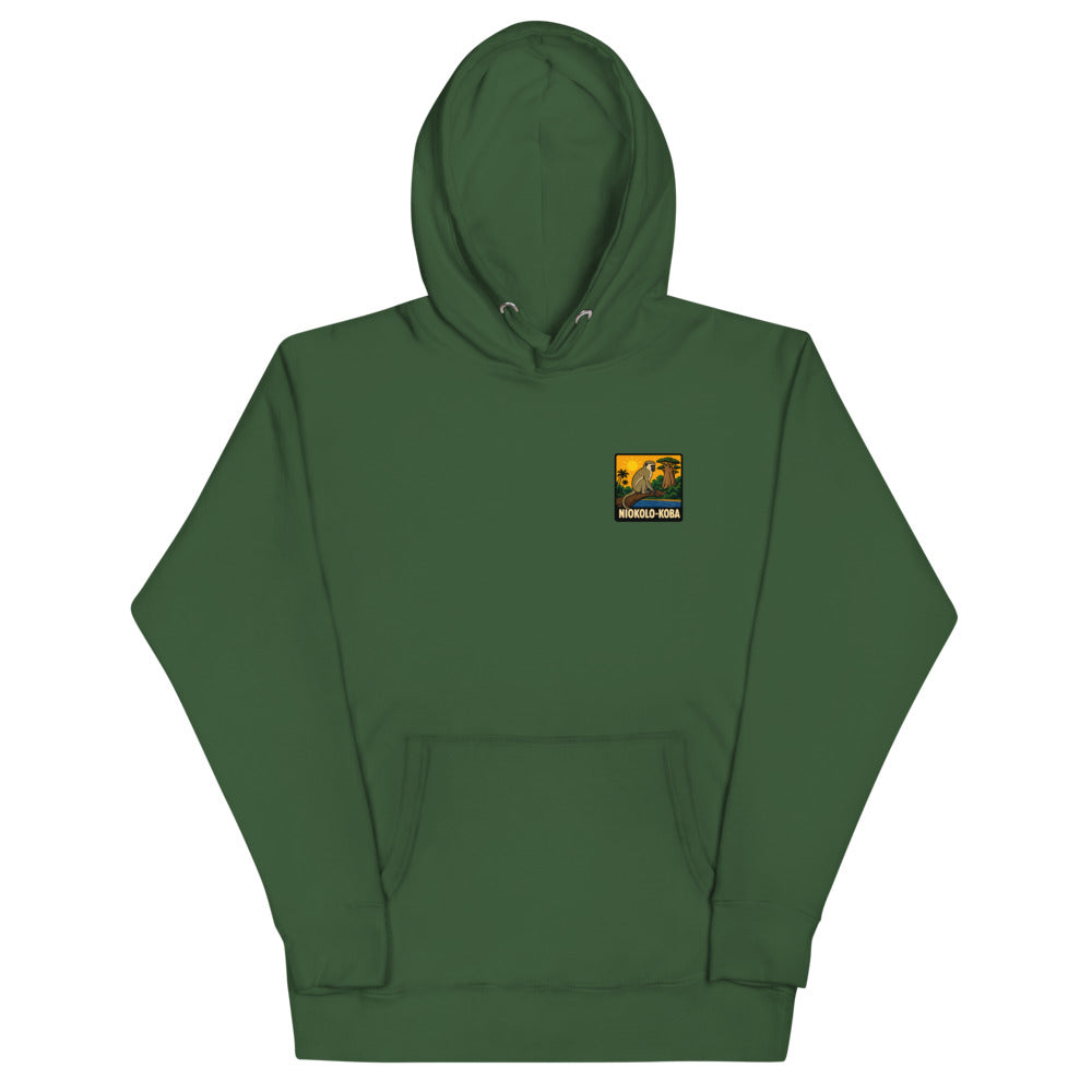 Hoodie Niokolo, patch Niokolo-Koba imprimé au cœur, coloris Vert forêt, vu de face