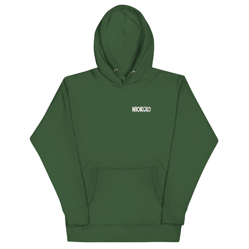 Hoodie Niokolo, logo Niokolo imprimé au cœur, coloris Vert forêt, vu de face