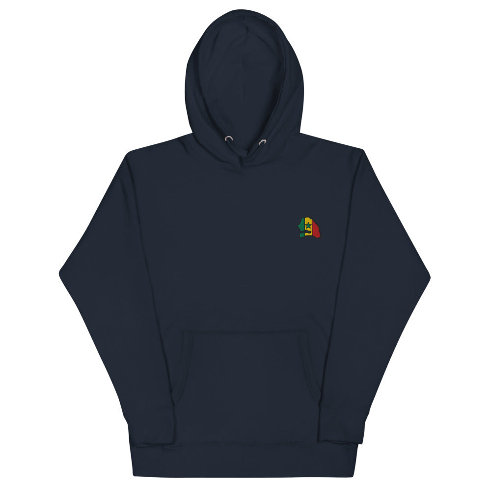 Hoodie Niokolo, écusson carte du Sénégal brodé au cœur, coloris Bleu marine, vu de face