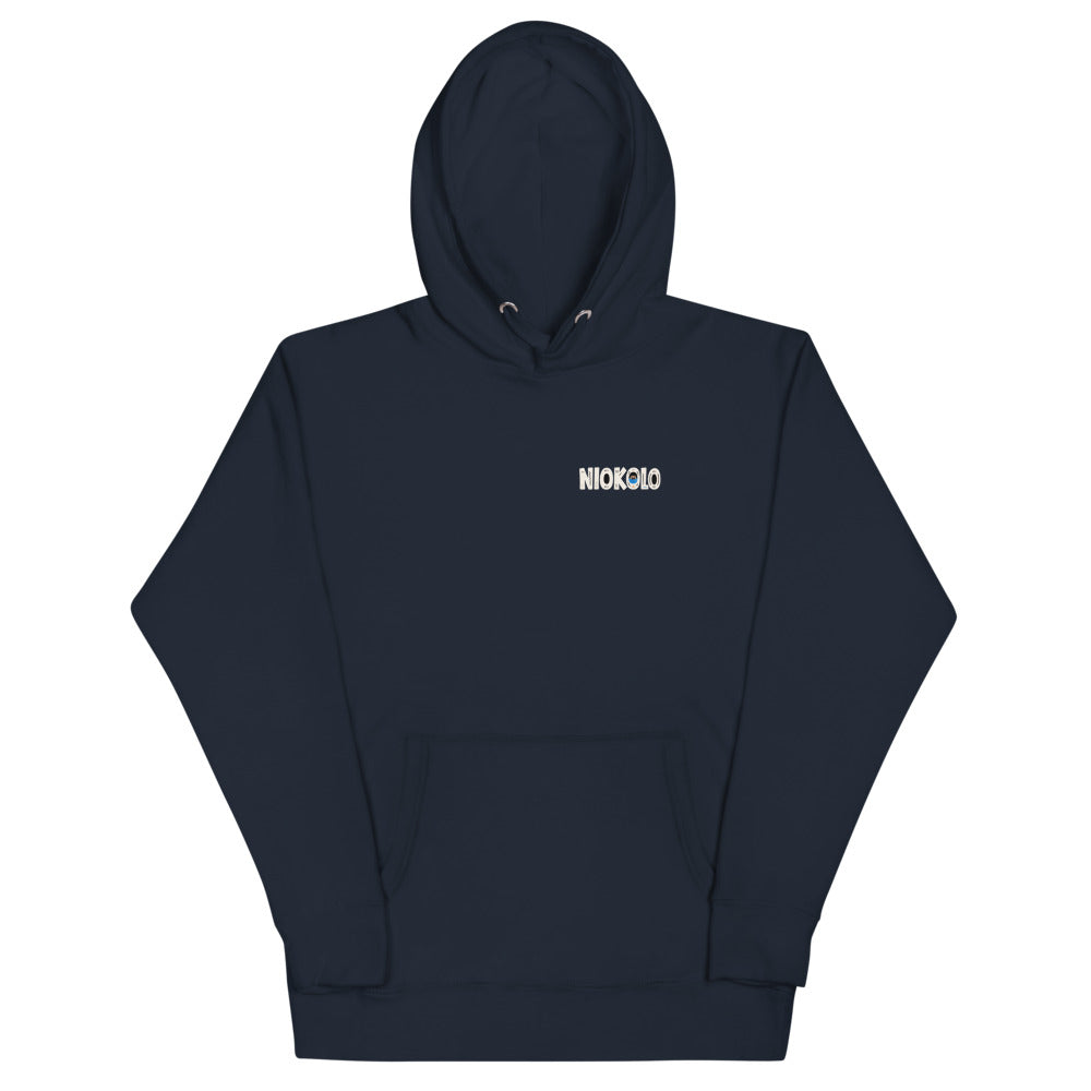Hoodie Niokolo, éparpillé Niokolo-Koba imprimé dans le dos, coloris Bleu marine, vu de face