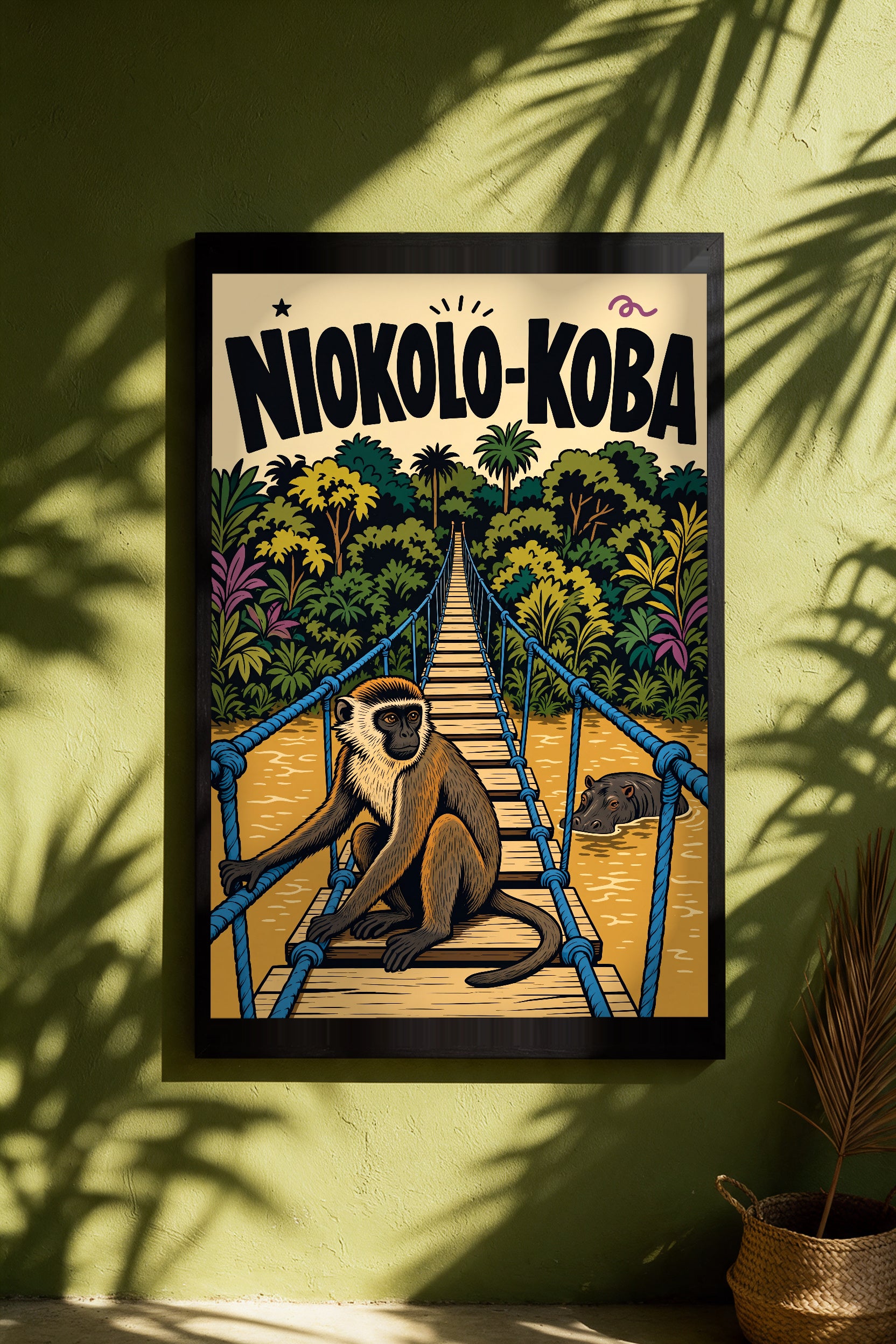 Niokolo-Koba — affiche encadrée en mise en situation, accrochée au mur (rendu corrigé)