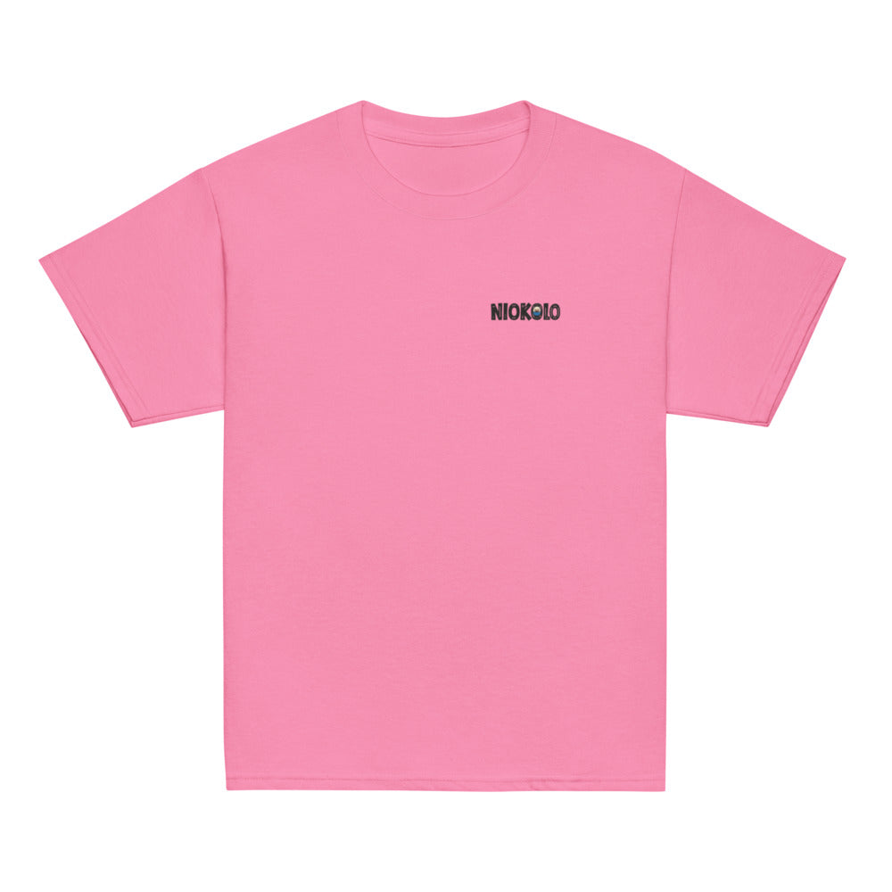 Tee enfant Niokolo, logo Niokolo imprimé au cœur, coloris Azalée, vu de face